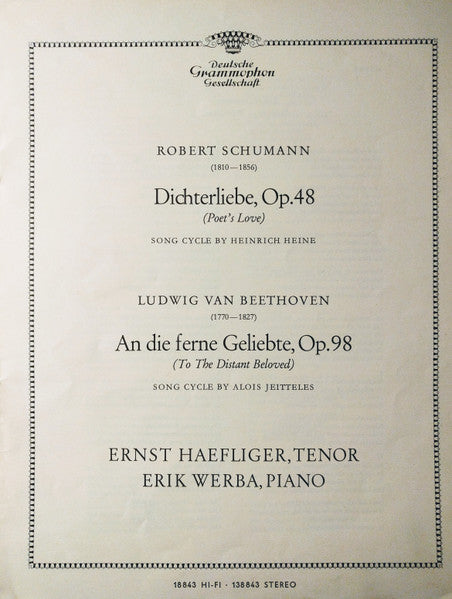 Ernst Haefliger, Erik Werba - Ludwig van Beethoven / Robert Schumann : An Die Ferne Geliebte, Op.98 / Dichterliebe, Op.48 (LP, Album, Mono)