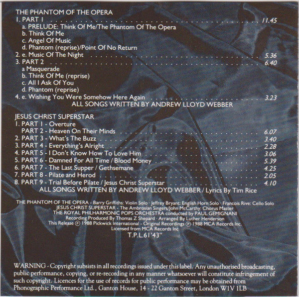 Royal Philharmonic Pops Orchestra Plays Andrew Lloyd Webber : The Phantom Of The Opera & Jesus Christ Superstar (CD, Comp, Red)