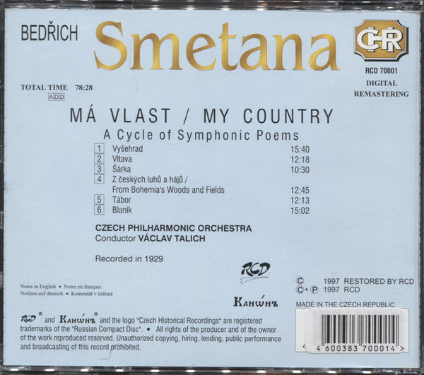 Smetana*, Czech Philharmonic Orchestra*, Václav Talich : Má Vlast (CD, Album, Mono, RM)
