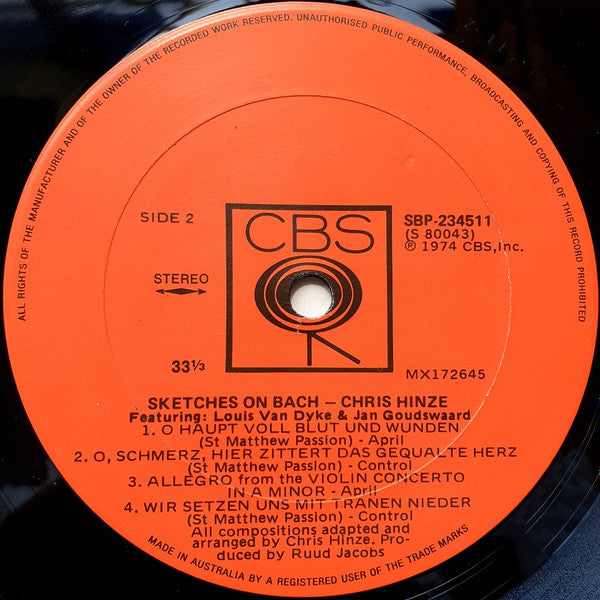 Chris Hinze Featuring: Louis Van Dyke* & Jan Goudswaard : Sketches On Bach (LP, Album, Ora)