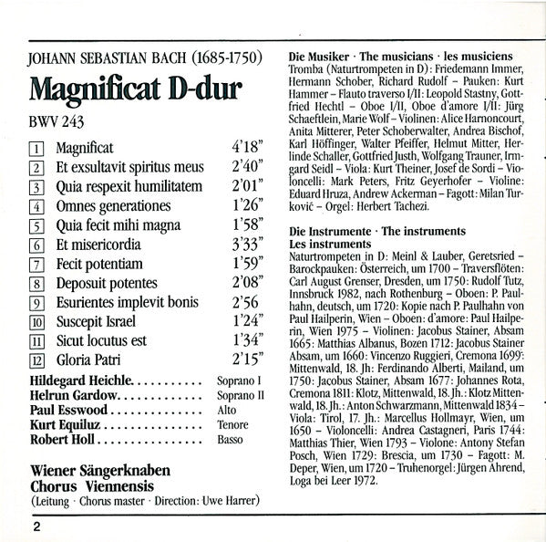 Bach*, Händel*, Concentus Musicus Wien, Nikolaus Harnoncourt, Arnold Schoenberg Chor, Erwin Ortner : Magnificat D-Dur, BWV 243 / Utrechter Te Deum (CD, Album)