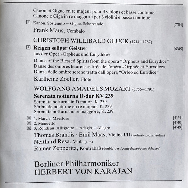 Tomaso Albinoni, Johann Pachelbel, Johann Sebastian Bach, Antonio Vivaldi, Wolfgang Amadeus Mozart, Christoph Willibald Gluck, Berliner Philharmoniker, Herbert von Karajan : Albinoni: Adagio • Pachelbel: Canon • Bach: Air • Vivaldi: La Notte • Mozart: Serenata Notturna • Gluck: Reigen Seliger Geister = Dance Of The Blessed Spirits (CD, Album, RE, PMD)