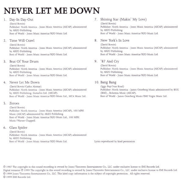 David Bowie : Never Let Me Down (CD, Album, Enh, RE, RM, RP)
