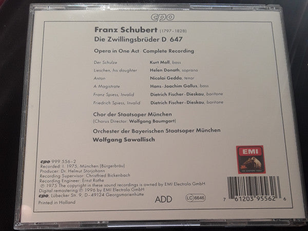 Franz Schubert - Helen Donath, Nicolai Gedda, Kurt Moll, Dietrich Fischer-Dieskau, Chor Der Bayerischen Staatsoper Und Bayerisches Staatsorchester, Wolfgang Sawallisch : Die Zwillingsbrüder (CD, RE, RM)
