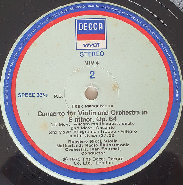 Felix Mendelssohn-Bartholdy, Pyotr Ilyich Tchaikovsky, Jean Fournet, Ruggiero Ricci, Radio Filharmonisch Orkest : Violin Concertos (LP, Album)