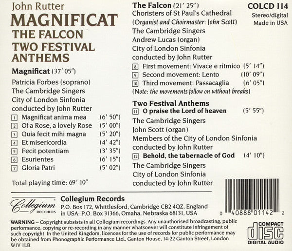 John Rutter, Patricia Forbes, The Cambridge Singers, St. Paul's Cathedral Choir, City Of London Sinfonia : Magnificat / The Falcon / Two Festival Anthems (CD)
