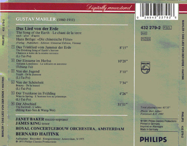 Mahler* ; Bernard Haitink, Royal Concertgebouw Orchestra*, Janet Baker / James King (3) : Das Lied Von Der Erde (CD, RE, RM)