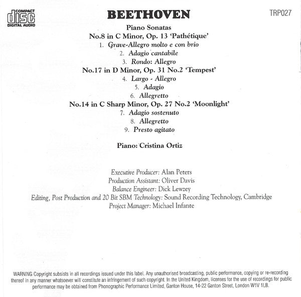 Beethoven* Piano: Cristina Ortiz : Piano Sonatas No. 8, No. 17, No.14 (CD, Album)