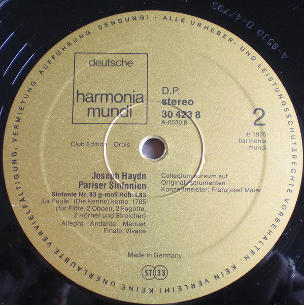 Joseph Haydn, Collegium Aureum : Pariser Sinfonien (Nr.83 G-Moll „La Poule” / Nr.82 C-Dur „L'Ours”) (LP, Club, RE)
