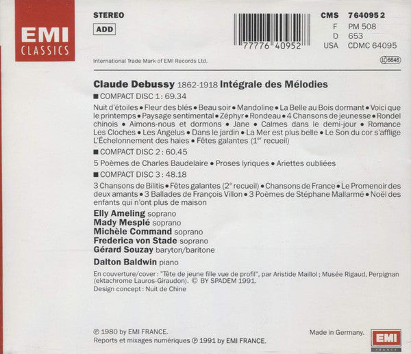 Claude Debussy - Elly Ameling · Michèle Command · Mady Mesplé · Frederica von Stade · Gérard Souzay · Dalton Baldwin : Mélodies (3xCD, RE, RM + Box)