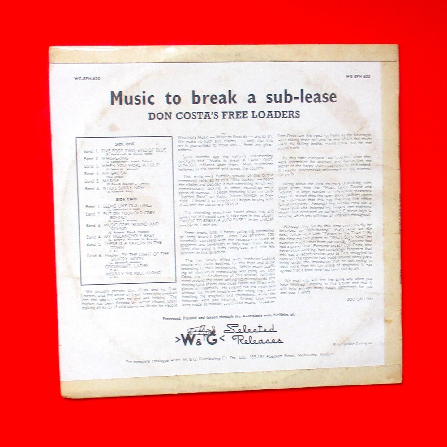 Don Costa's Free Loaders Music To Break A Sub-Lease Vinyl LP 1958 JAustralian