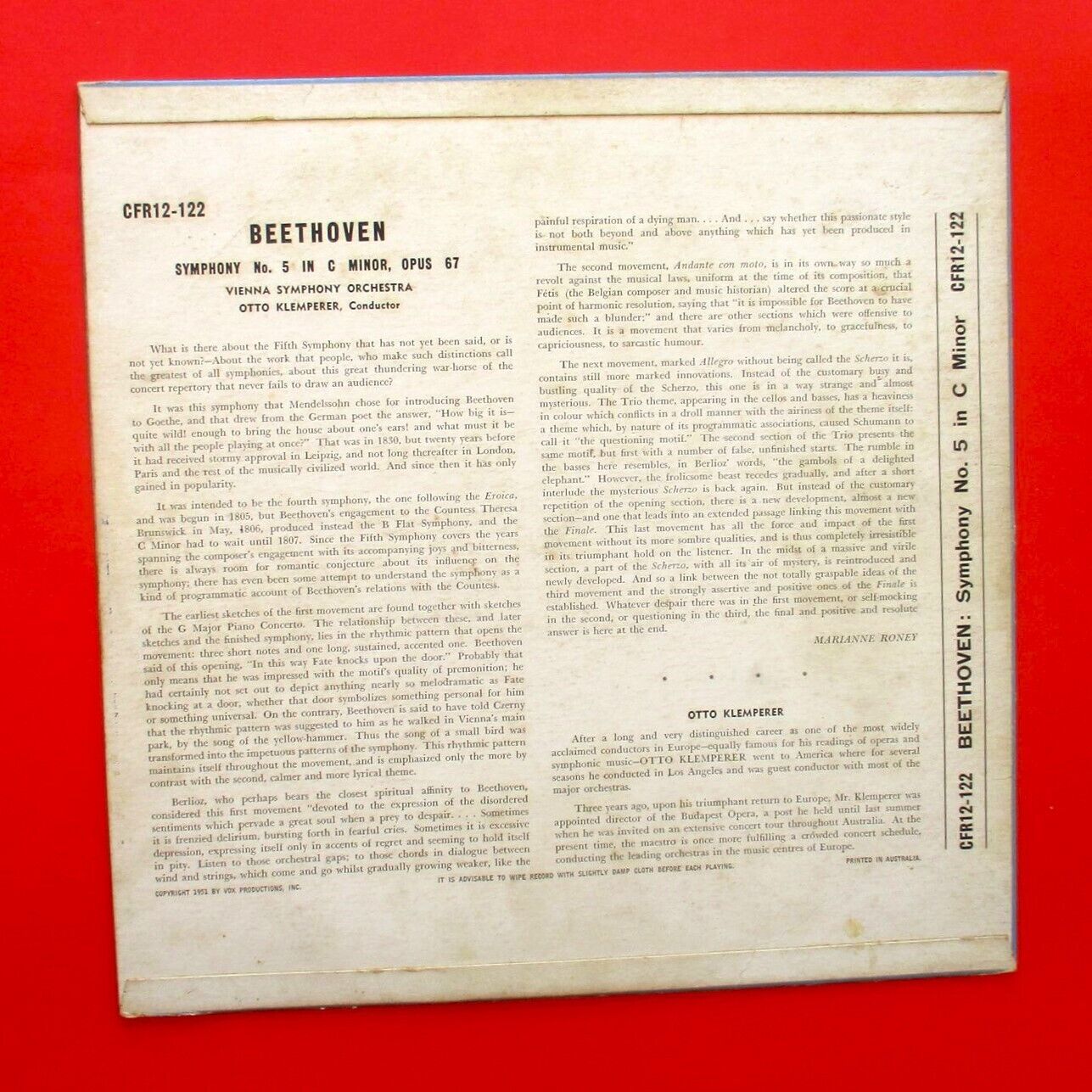 Otto Klemperer Beethoven Symphony No. 5 in C Minor Opus 67 Vinyl LP Australian