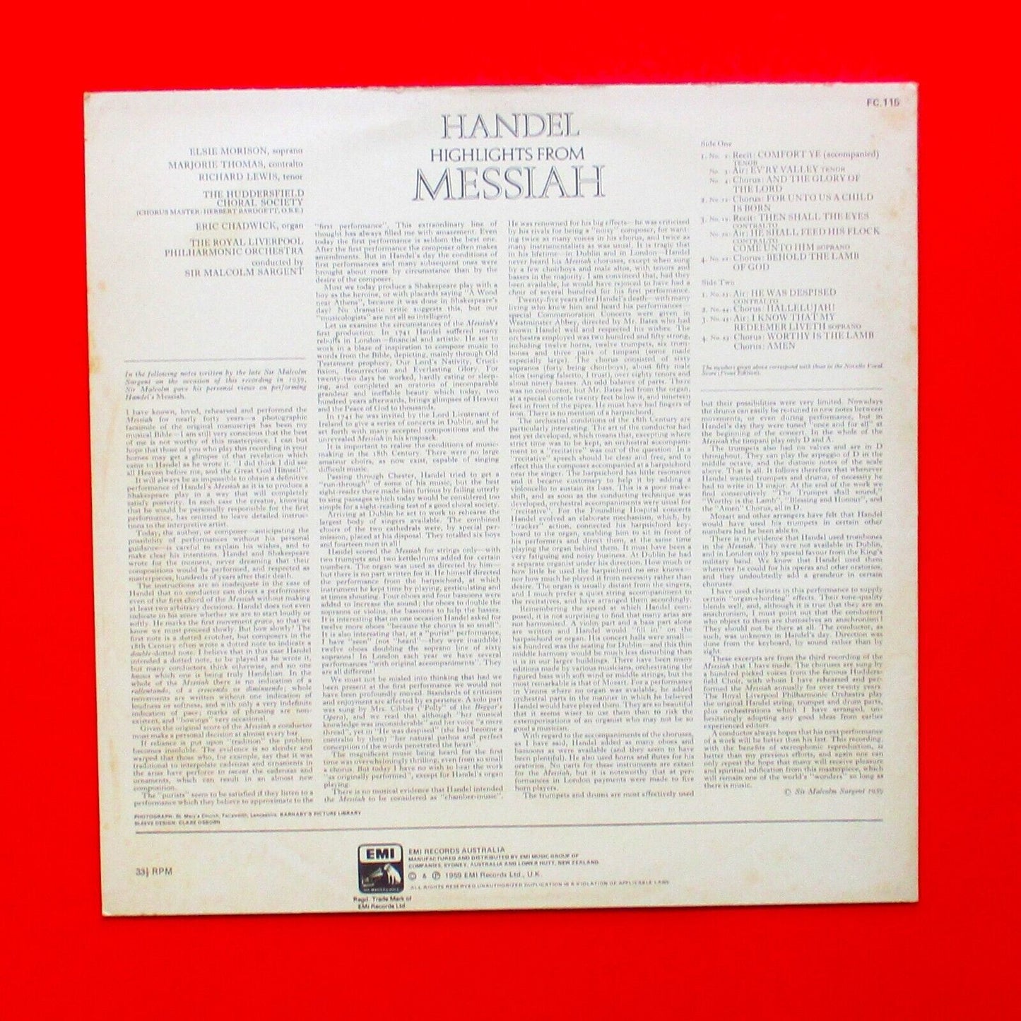 Handel Messiah Highlights Vinyl Album LP Australian Pressing Classical HMV