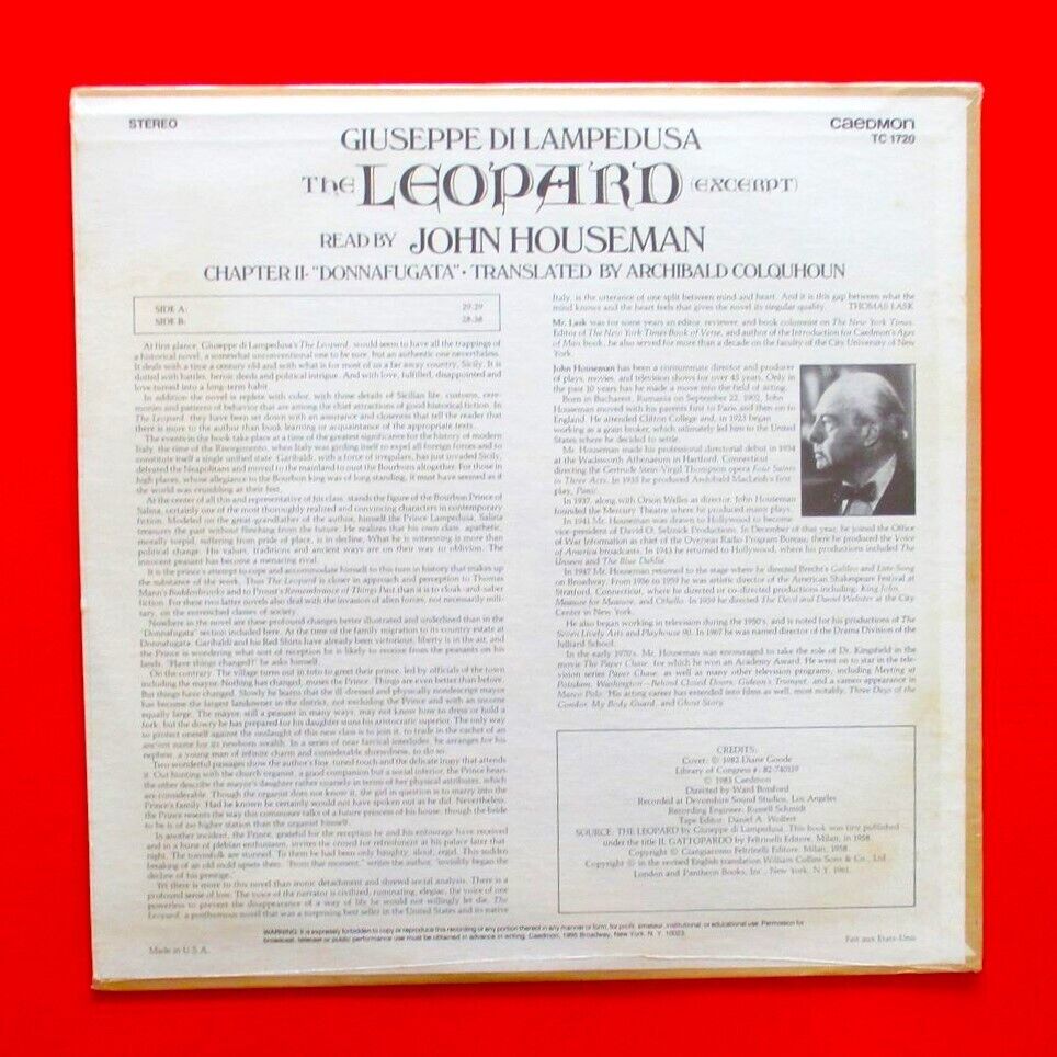 Giuseppe Di Lampedusa The Leopard (Excerpts) Vinyl LP 1983 Sealed Literature