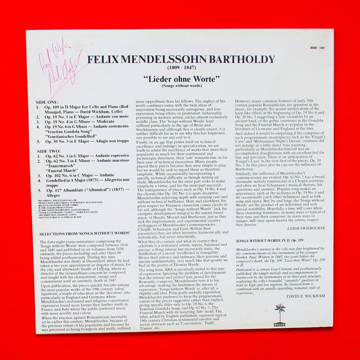 Rod Mounjed David Wickham Felix Medelssohn Bartholdy Lieder Ohne Worte 1989 LP
