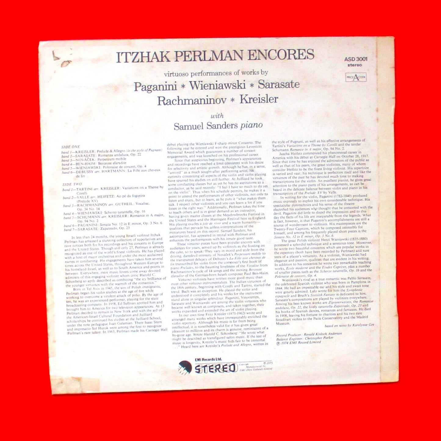 Itzhak Perlman Encores Vinyl Album LP 1974 New Zealand Press Classical