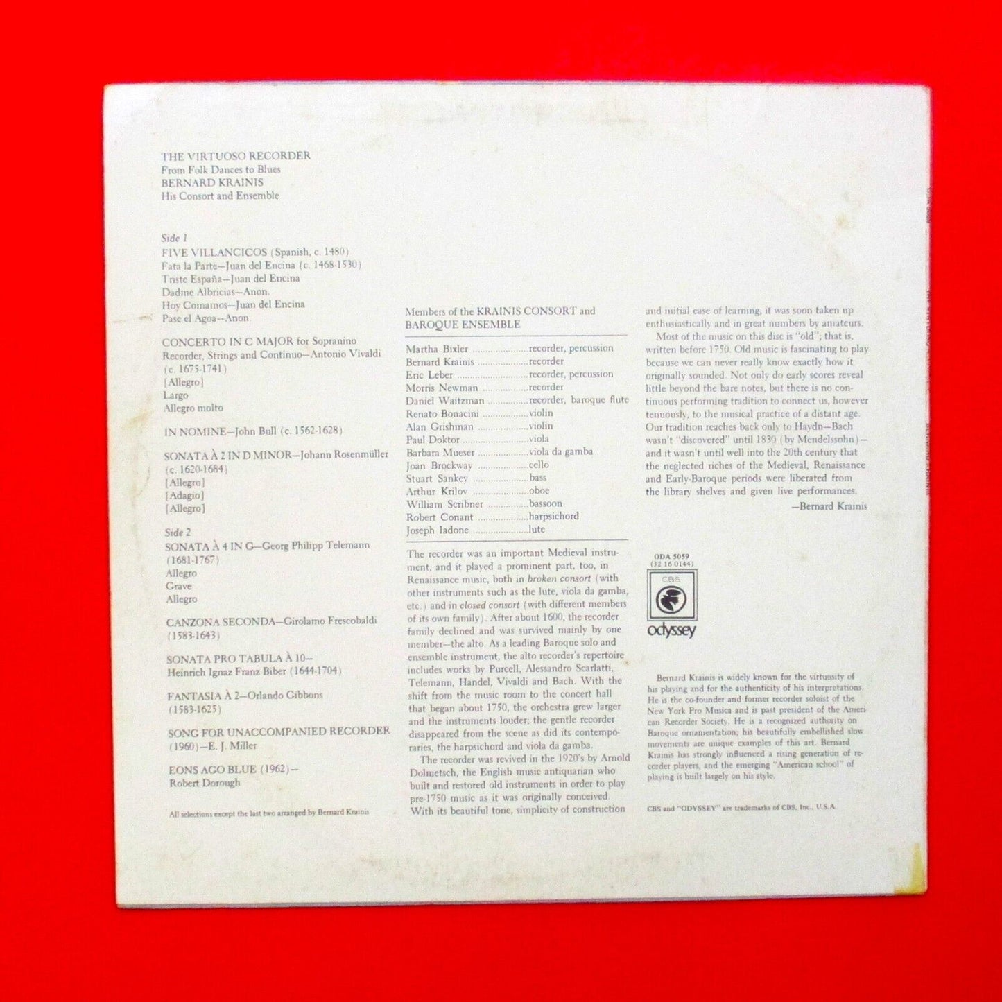Bernard Krainis The Virtuoso Recorder Vinyl Album LP CBS Classical Medieval