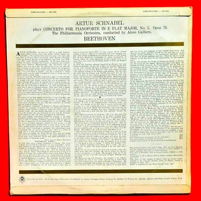 Beethoven Artur Schanbel Concerto No.5 Pianoforte In E Flat Major Op.73 1965 LP