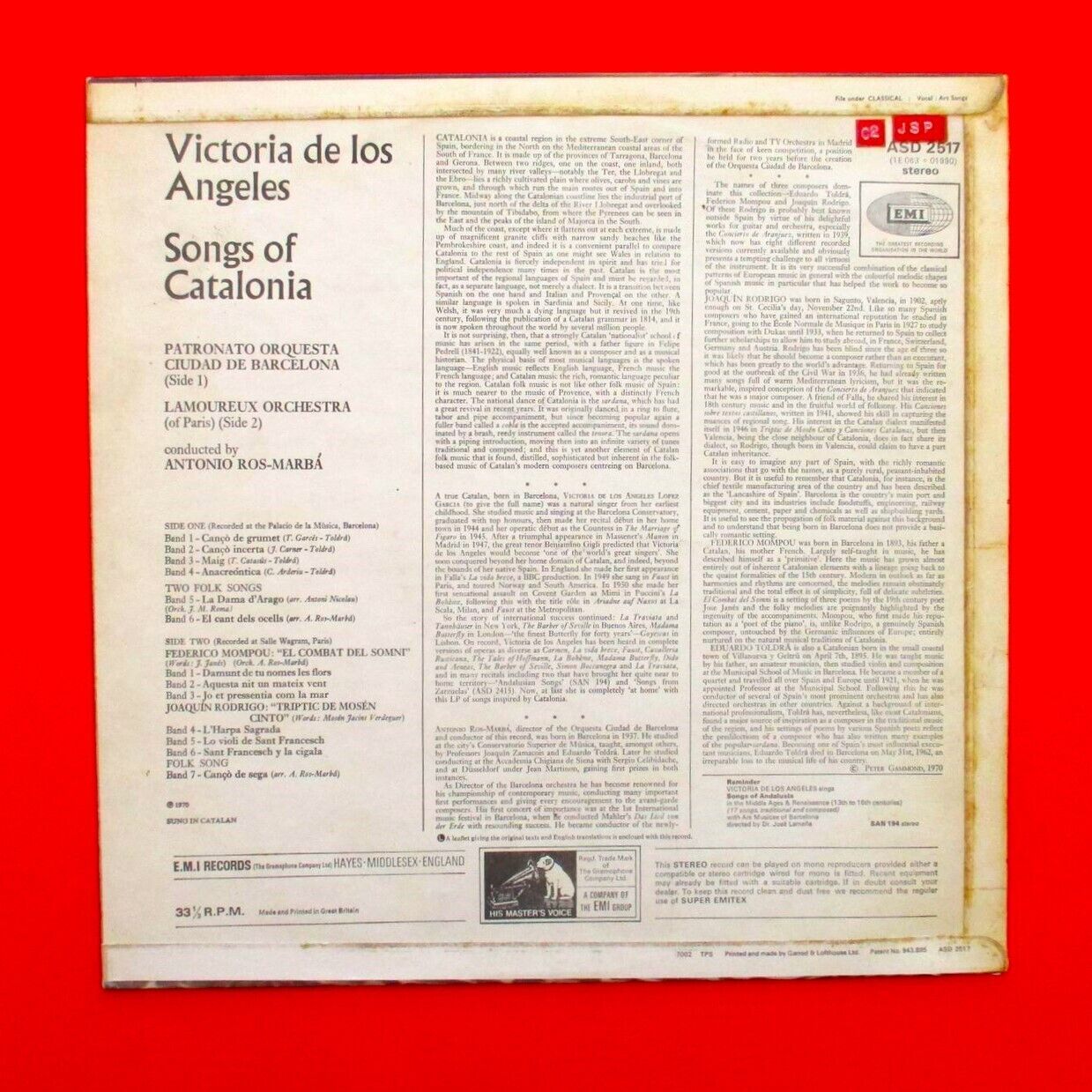 Victoria De Los Angeles Songs Of Catalonia Vinyl Album LP 1970 UK Pressing