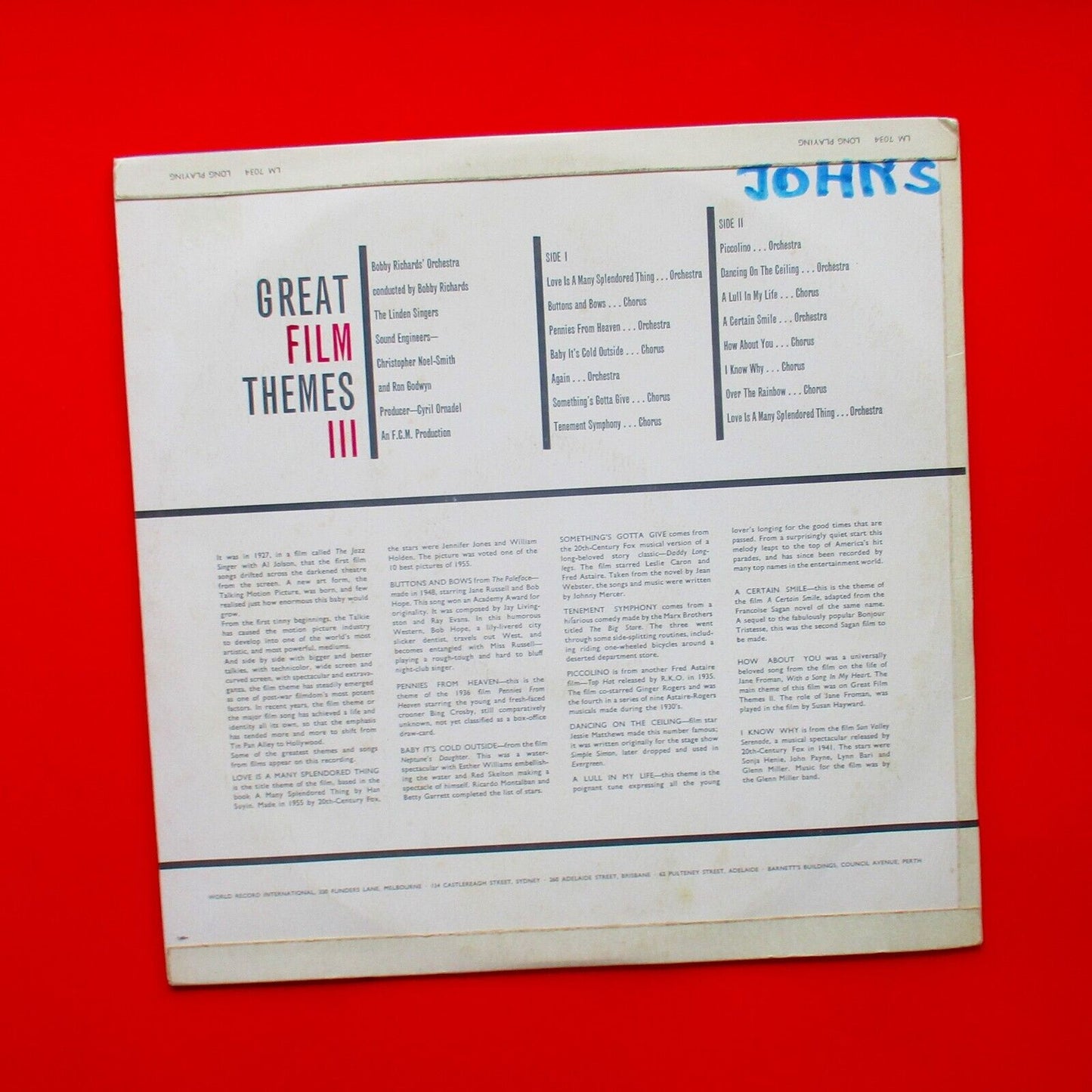 Bobby Richards' Orchestra Great Film Themes III Vinyl Album LP 1962 Pressing