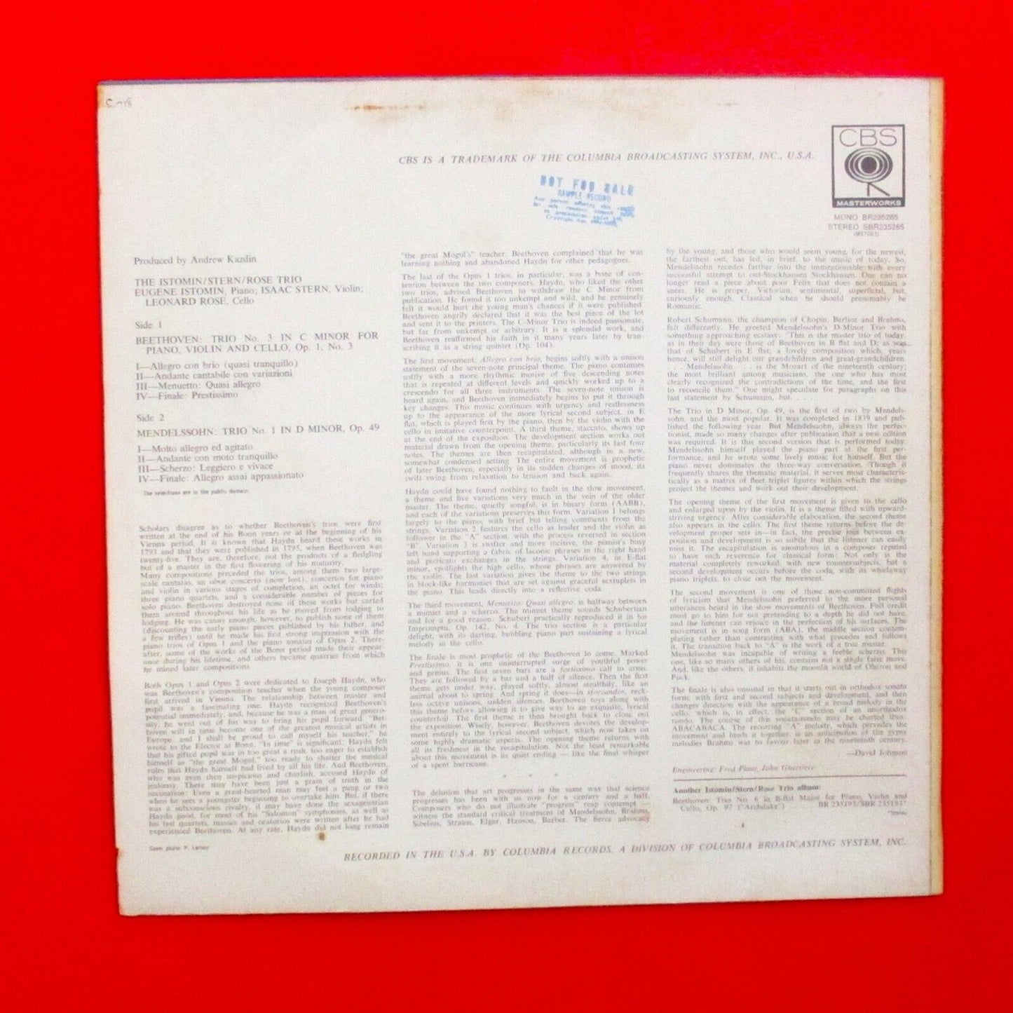 Beethoven Mendelssohn Trio In C Minor, Op. 1, No. 3 Trio In D Minor, Op. 49 LP