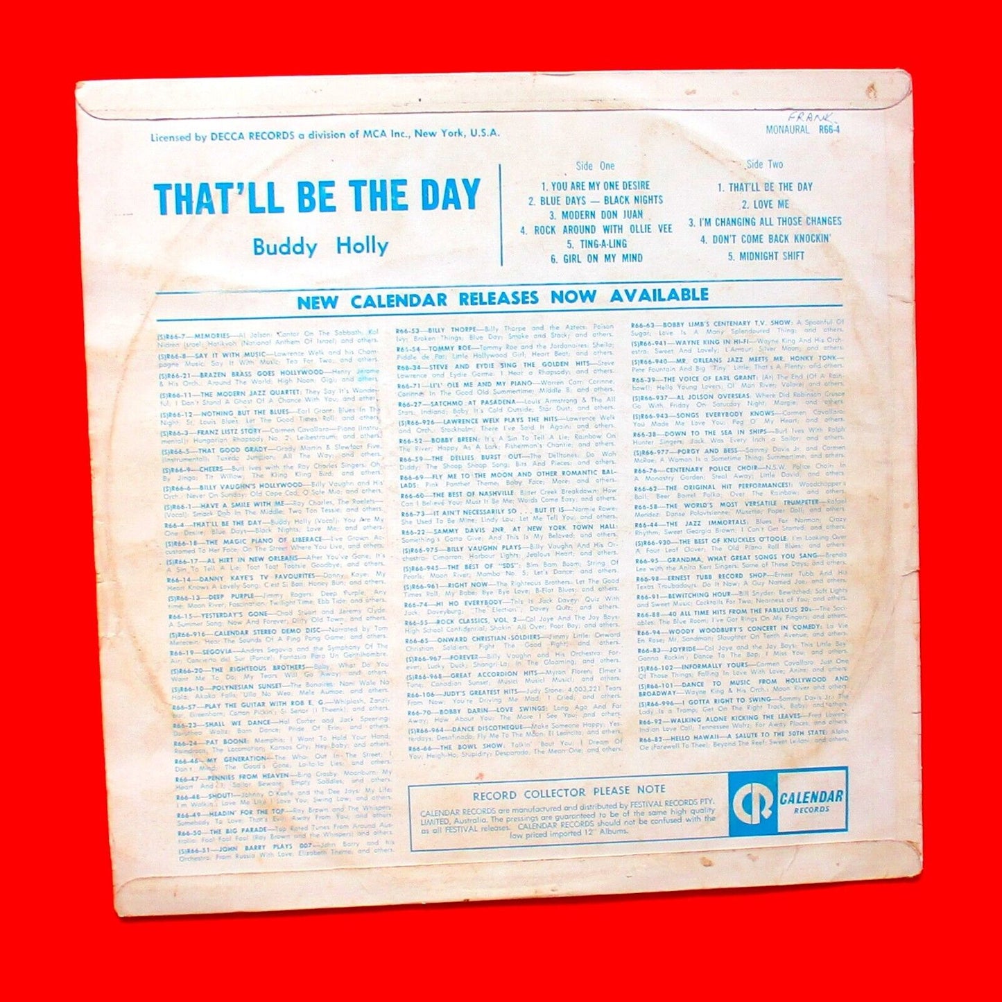 Buddy Holly That'll Be The Day Vinyl Album LP 1966 Australian Mono