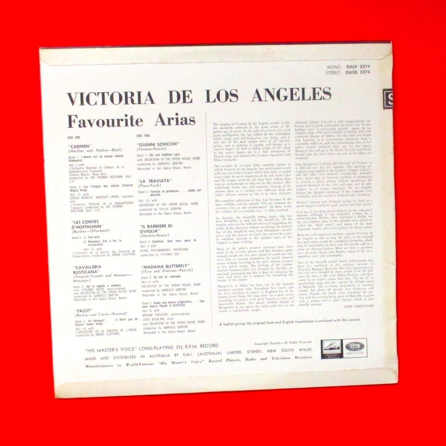 Victoria De Los Angeles Favourite Arias Vinyl LP HMV Australian with Insert