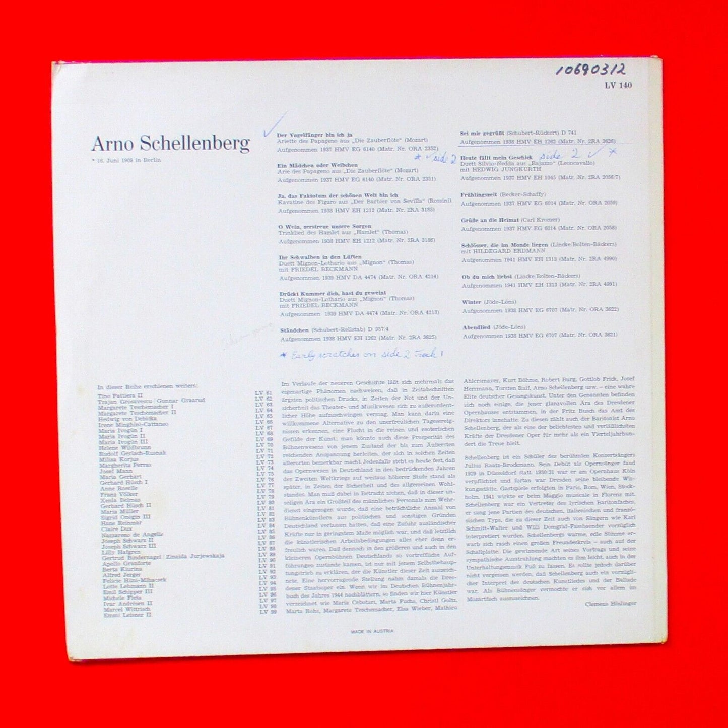 Arno Schellenberg Lebendige Vergangenheit Vinyl Album LP Baritone