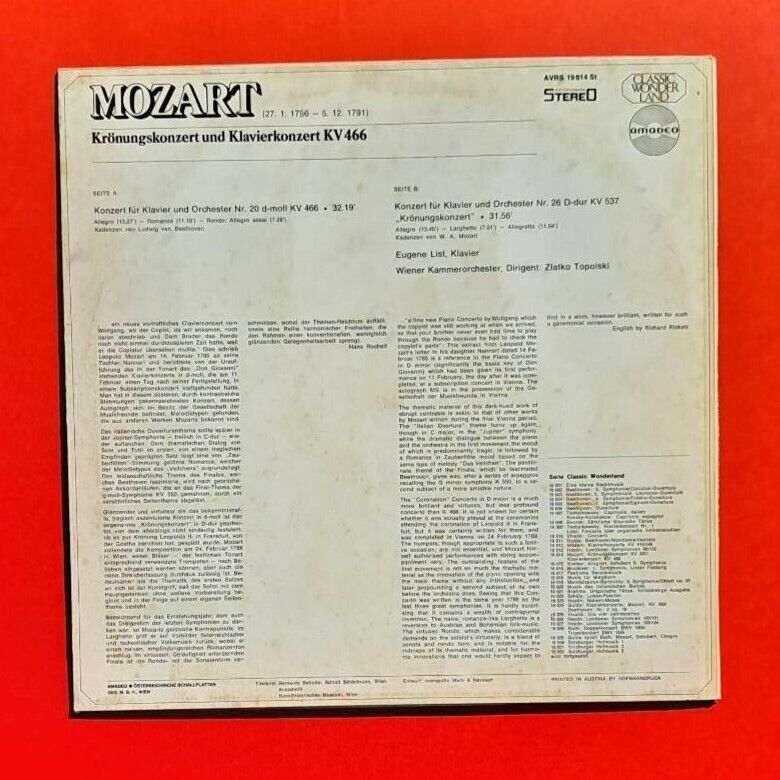 Mozart Coronation Concert And Piano Concerto Vinyl ALbum LP 1973 Austrian Press