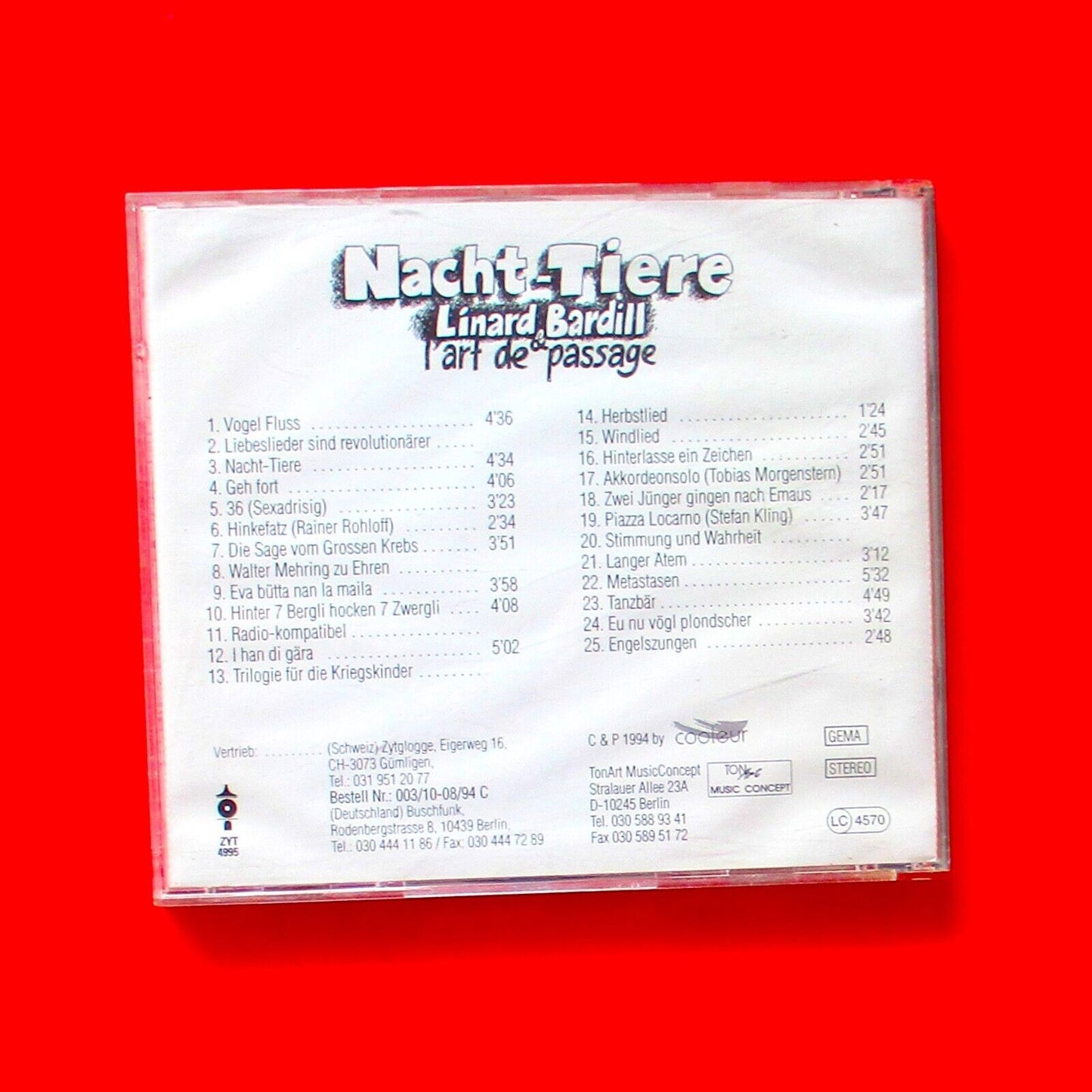 Linard Bardill & L'Art De Passage Nacht-Tiere Signed Autographed 1994 CD