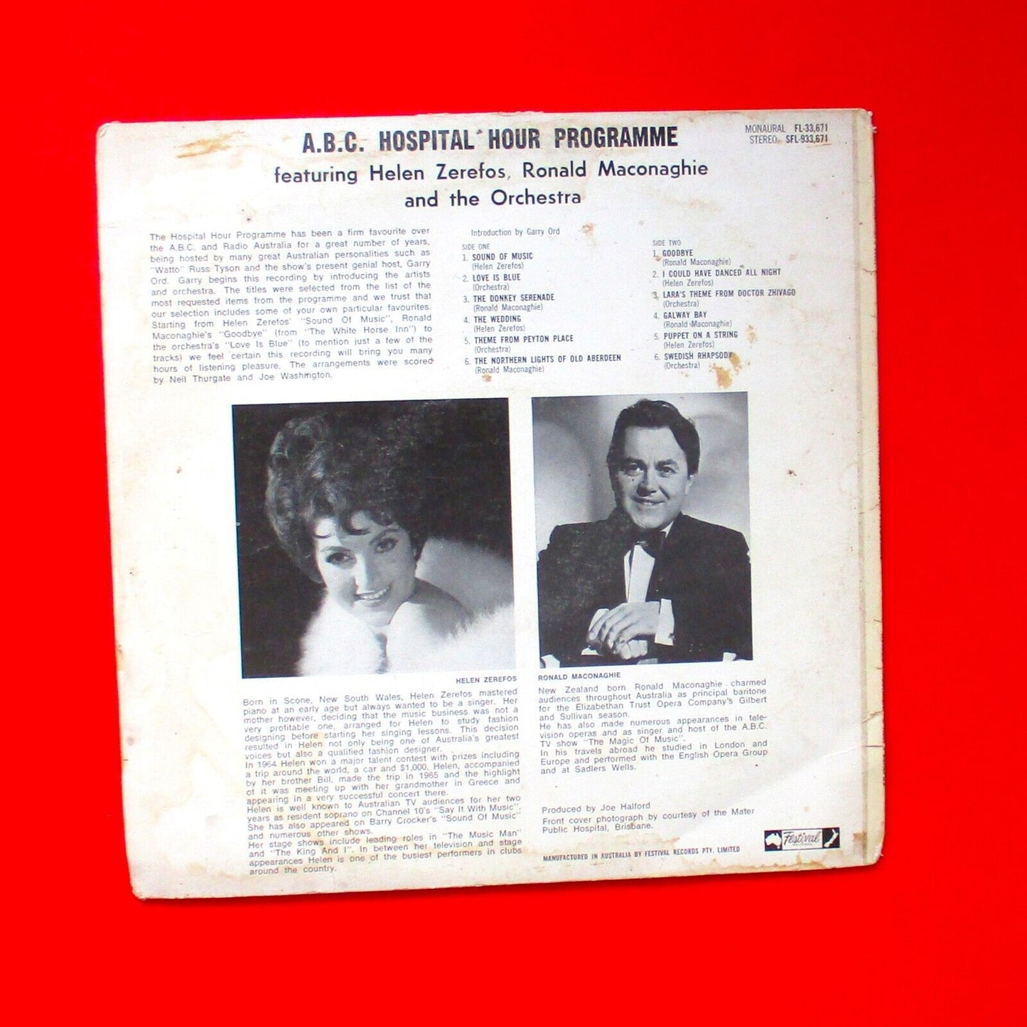 Helen Zerefos Ronald Maconaghie Garry Ord The A.B.C. Hospital Hour LP 1969 Aus