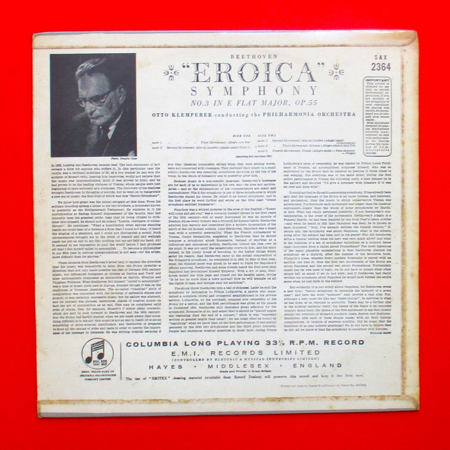 Beethoven Otto Klemperer Number 3 In E Flat Major Op. 55 ("Eroica") LP 1968 UK