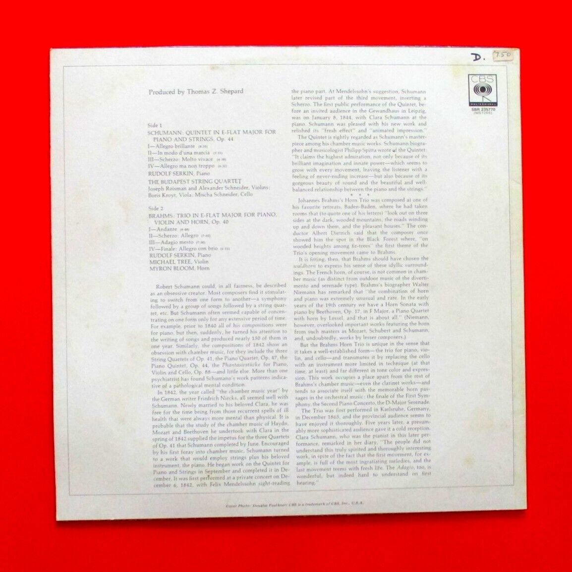 Rudolf Serkin Schumann Piano Quintet Brahms Horn Trio Vinyl LP Australian