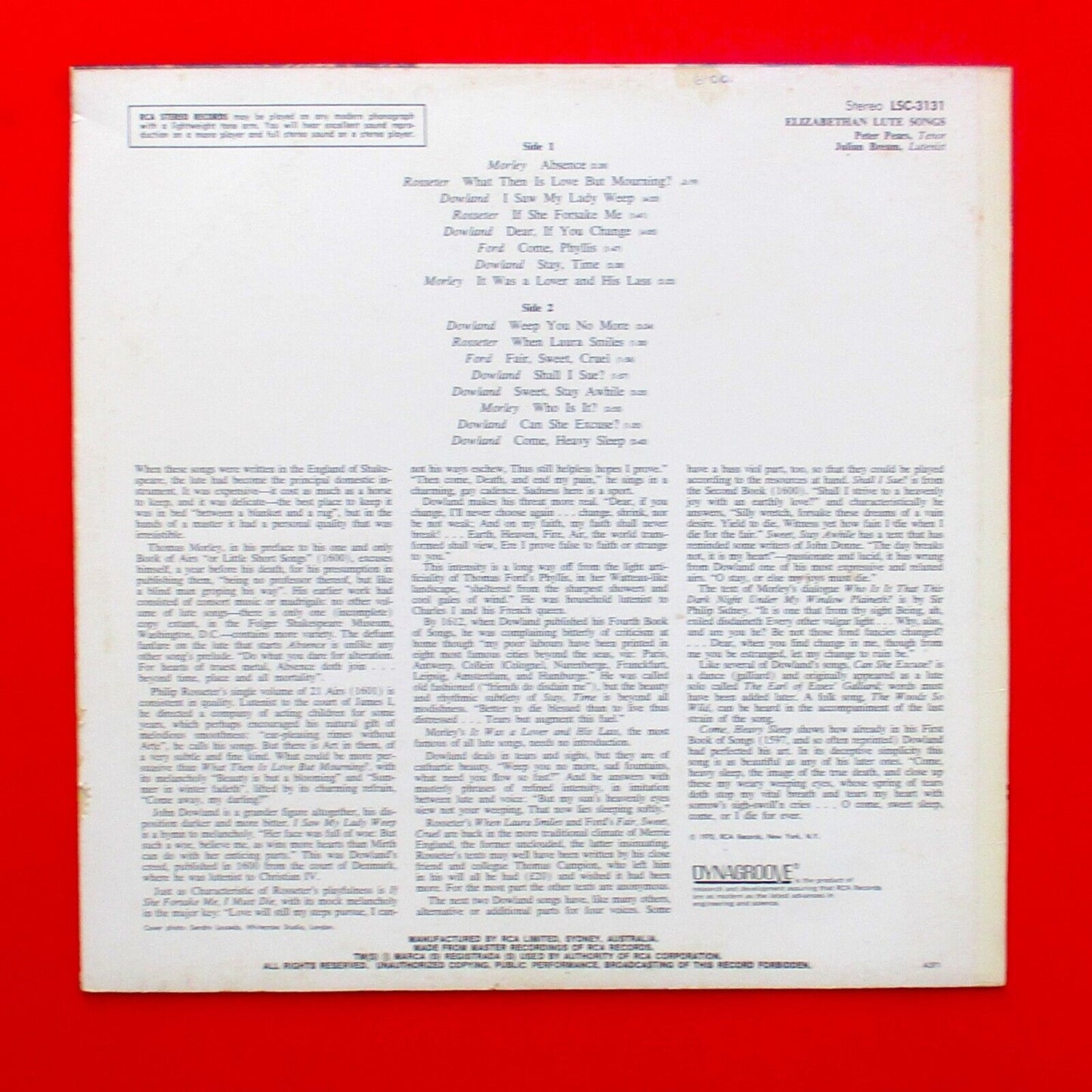 Julian Bream Peter Pears Elizabethan Lute Songs Vinyl Album LP Australian