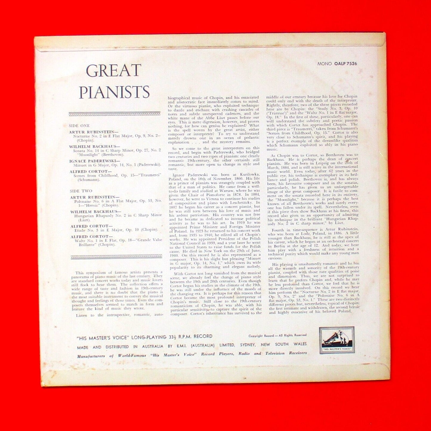 Great Pianists Chopin Liszt Schumann Various HMV Vinyl LP Australian Mono