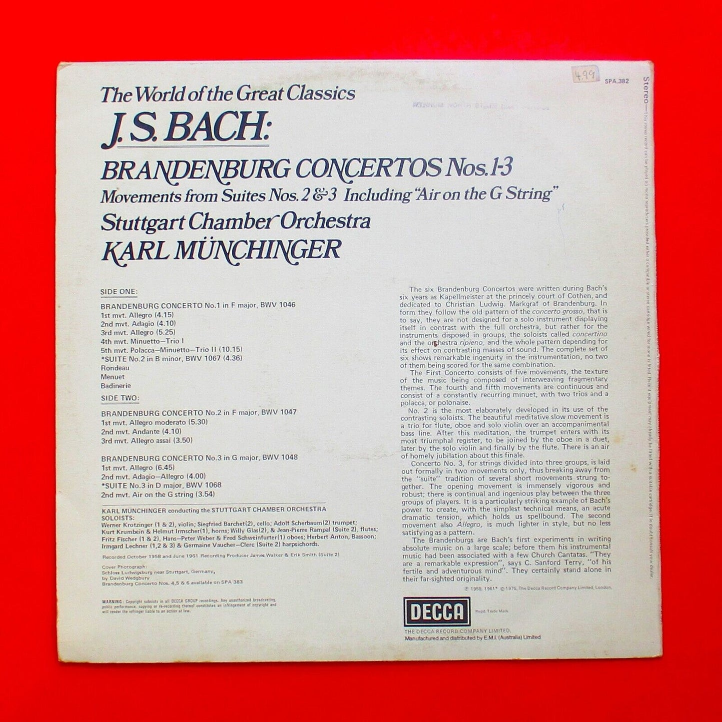 Bach Brandenburg Concertos Nos. 1-3 1975 Vinyl Album LP Australian Decca