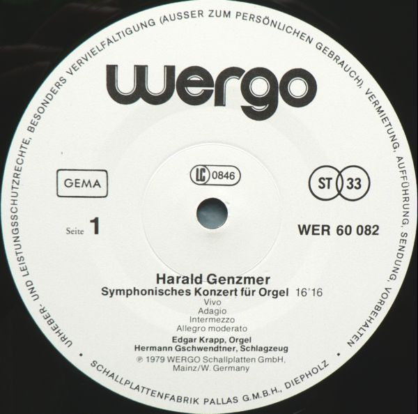 Harald Genzmer / Edgar Krapp, Hermann Gschwendtner : Symphonisches Konzert Für Orgel / Konzert Für Orgel Und Schlagzeug / Tripartita In F (LP)