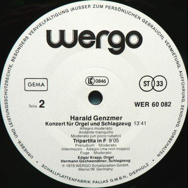 Harald Genzmer / Edgar Krapp, Hermann Gschwendtner : Symphonisches Konzert Für Orgel / Konzert Für Orgel Und Schlagzeug / Tripartita In F (LP)