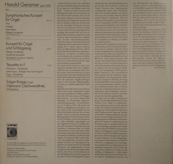 Harald Genzmer / Edgar Krapp, Hermann Gschwendtner : Symphonisches Konzert Für Orgel / Konzert Für Orgel Und Schlagzeug / Tripartita In F (LP)