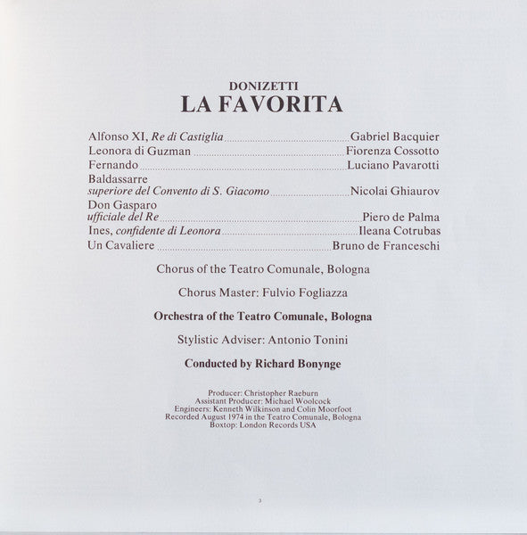 Gaetano Donizetti, Fiorenza Cossotto, Luciano Pavarotti, Gabriel Bacquier, Nicolai Ghiaurov, Ileana Cotrubas, Orchestra Del Teatro Comunale Di Bologna, Richard Bonynge : La Favorita (3xLP + Box)