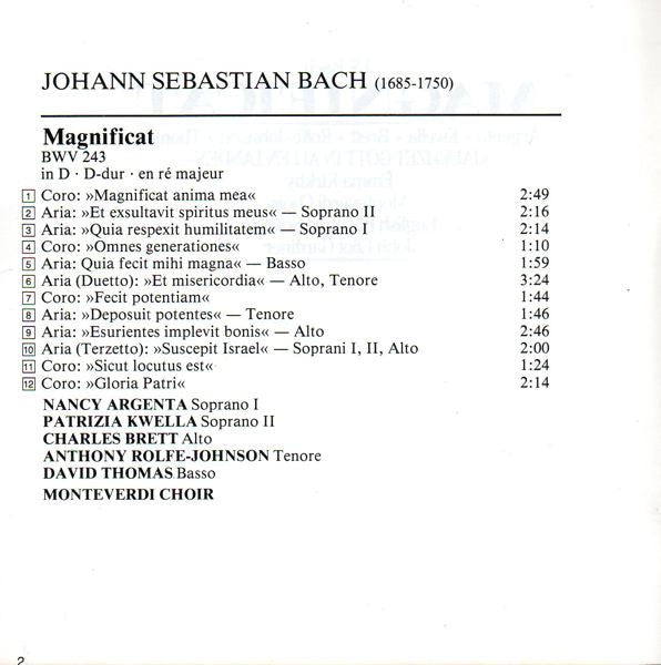 J.S. Bach* - Monteverdi Choir*, English Baroque Soloists*, John Eliot Gardiner, Argenta*, Kwella*, Brett*, Rolfe-Johnson*, Thomas* / Emma Kirkby : Magnificat / "Jauchzet Gott In Allen Landen" (CD, Album)
