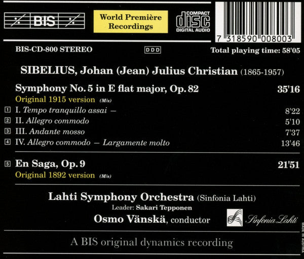 Jean Sibelius / Lahti Symphony Orchestra, Osmo Vänskä : Symphony No. 5 In E Flat Major, Op. 82 / En Saga, Op. 9 (CD, Album)