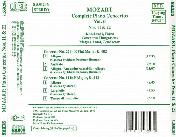 Wolfgang Amadeus Mozart / Jenö Jandó, Concentus Hungaricus, Mátyás Antal : Complete Piano Concertos Vol. 6 - No. 11, K. 413, No. 22, K. 482 (CD)