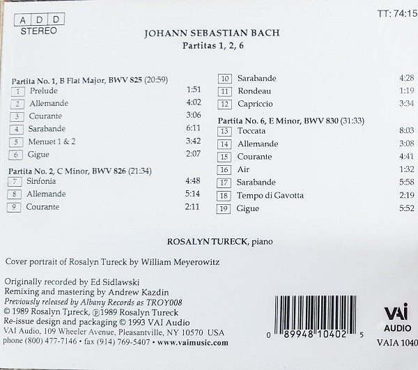 Rosalyn Tureck Plays Bach* : Partitas No.1 BWV 825, No.2 BWV826, No.6 BWV830 (CD, RE)