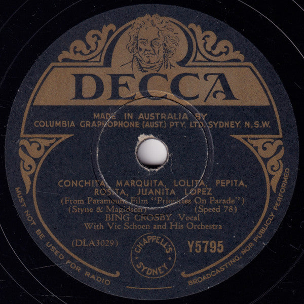 Bing Crosby : The Bombardier Song / Conchita, Marquita,Lolita, Peptia,Rosita, Juanita Lopez (Shellac, 10")