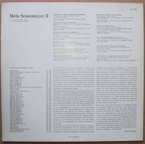 Meta Seinemeyer : Lebendige Vergangenheit - Meta Seinemeyer II (LP, Comp, Mono)