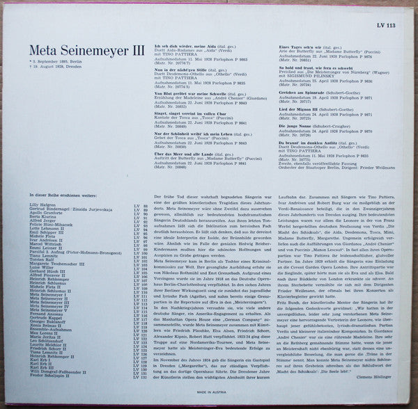 Meta Seinemeyer : Lebendige Vergangenheit - Meta Seinemeyer III (LP, Comp, Mono)