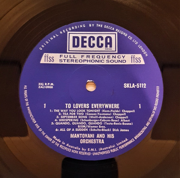 Mantovani And His Orchestra : To Lovers Everywhere (LP)