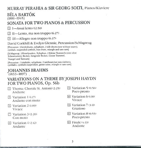 Sir Georg Solti*, Murray Perahia, Bartok*, Brahms*, Corkhill*, Glennie* : Sonata For 2 Pianos & Percussion / Haydn Variations For 2 Pianos (CD, Album)