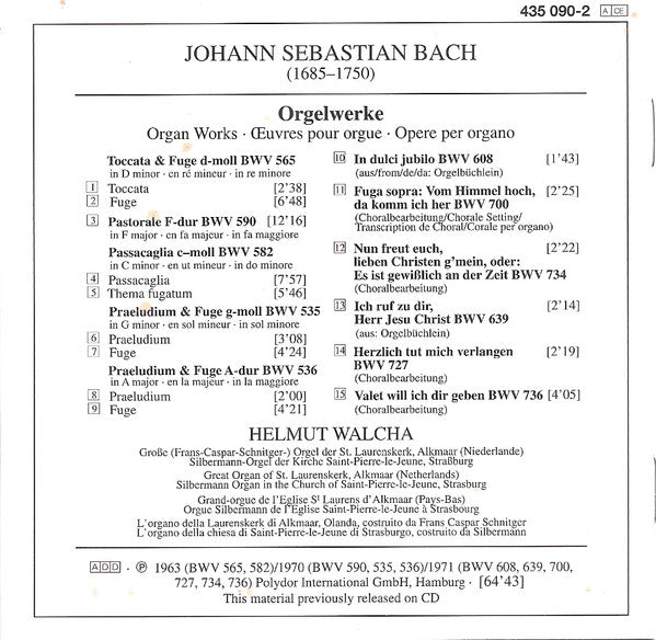 Johann Sebastian Bach - Helmut Walcha : Orgelwerke (CD, Comp)